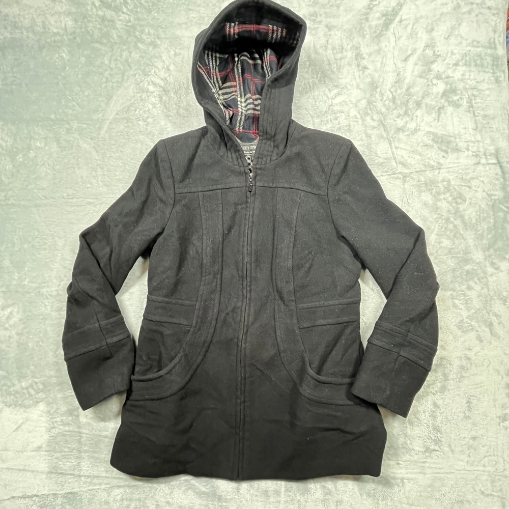 Fleet Street Ltd Wool Blend Coat Womens Medium Black Hooded Zip Up Plaid‎ Lining